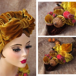 GOLDEN autumn Velvet Turban / Headband & Brooch for FALL / Vintage 40s 30s / Retro Art Nouveau Bow acorns / Urban image 8