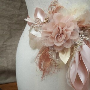 Hochzeit Accessoires Talienband & Gürtel Brautschmuck für Vintage Braut creme beige nude Federn Fascinator Pfauenfeder Headpiece Brautgürtel Bild 4