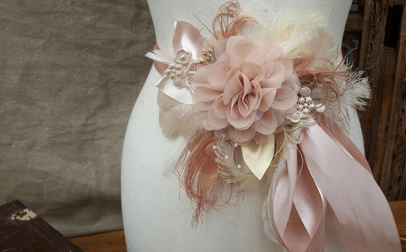 Bridal Sash & Headpiece wedding belt Fascinator Flower vintage Bride blush nude beige tan Peacock edwardian romantic Bridesmaid lace cream image 4