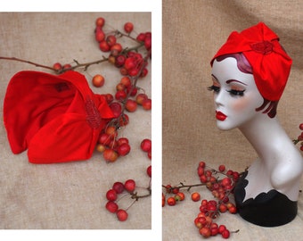 Red Silk Half Hat // Headpiece Vintage Style 30s 20s Art Nouveau // Headband Fascinator poppy red // accesories // Valentines Day // Church