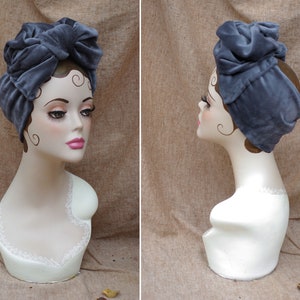 PIGEON BLUE: Velvet Turban Headband // Vintage 40s 30s // Retro Art Nouveau // grey blue velvet bow // Full Cap Turban Stretch image 5