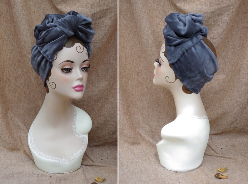 PIGEON BLUE: Velvet Turban Headband // Vintage 40s 30s // Retro Art Nouveau // grey blue velvet bow // Full Cap Turban Stretch image 5