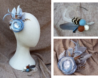 Bibi gris glace poudre bleu taupe beige bijoux de mariée bleu cheveux accessoires perle plumes voile & boutonnière vintage mariage quelque chose de bleu