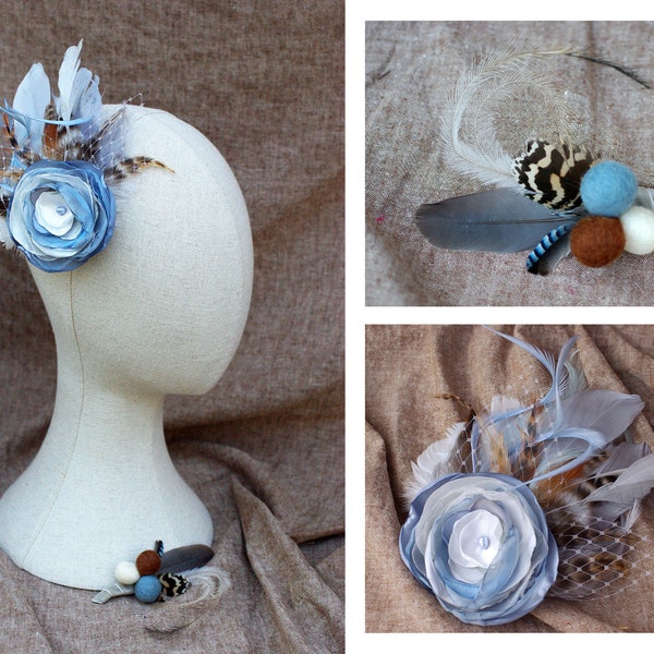 Fascinator eisgrau taubenblau taupe beige Brautschmuck blau Haarschmuck Perle Federn Schleier & Boutonniere Vintage Hochzeit something blue