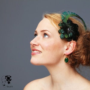 Fascinator Headpiece roaring twenties peacock feathers deep green Style great Gatsby Vintage bridesmaids bridal ascot hat wedding elegant