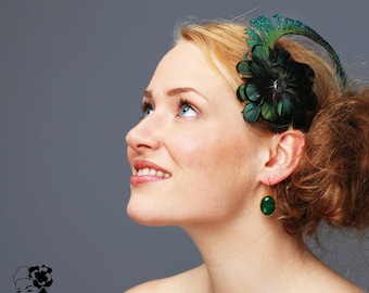 Fascinator Headpiece roaring twenties peacock feathers deep green Style great Gatsby Vintage bridesmaids bridal ascot hat wedding elegant