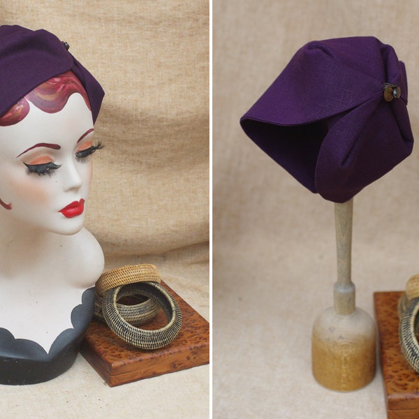 Dark Purple Half Hat pure linen Summer // berry Headpiece Vintage 30s 20s Art Deco Hair covering Headband Fascinator roaring accessories