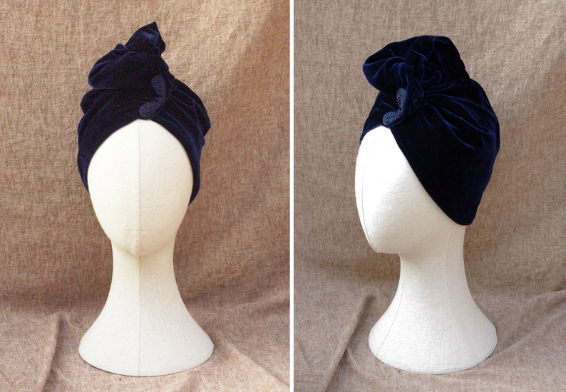 NAVY blue VELVET Turban hat // Vintage diva style // 30s 40s Retro // Unique // accessories // cancer hair lost therapy // Art nouveau image 1