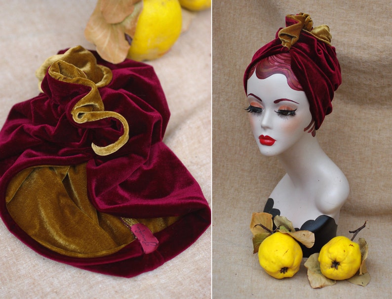 Two tones Turban: wine red / burgundy & gold VELVET // Full Cap Vintage style diva 30s 40s Retro accessories / cancer hair lost Art nouveau image 2