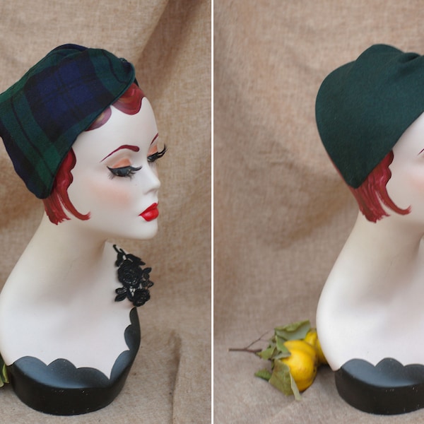 Bandeau en laine vert foncé demi-chapeau // Bibi dans le style vintage des années 30 40 // Élégante diva urbaine à carreaux vert bleu tartan