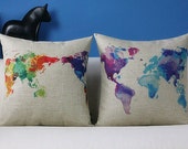 Colorful World Map Pillow Case, Cotton Linen Cushion Cover colour, Eco-friendly 18x18inch