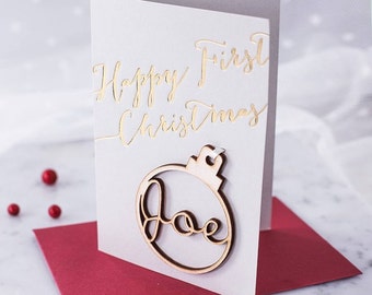 Personalised First Christmas Bauble Card - Wooden Christmas Baby Keepsake Card - Decoration Card