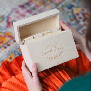 Wooden Seed Packet Organizer with Recycled Paper Dividers - Seed Storage