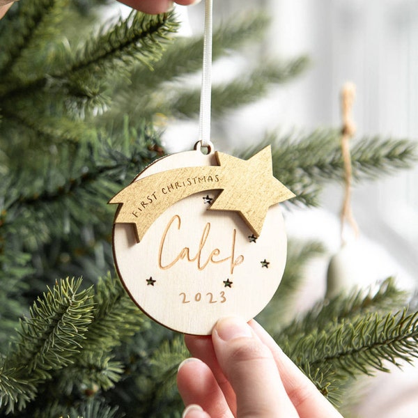 Personalised First Christmas Star Bauble Decoration - New Baby Ornament - Baby First Christmas Bauble