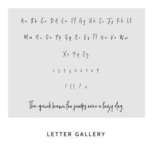 May include: A digital font specimen sheet featuring a handwritten-style typeface on a light gray background. It displays uppercase and lowercase letters A through Z, numbers 1 through 9, punctuation marks, and the sentence: The quick brown fox jumps over a lazy dog. The text LETTER GALLERY appears at the bottom.