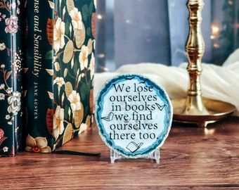 We lose ourselves in books - Blue bookshelf decor - Book quote decor