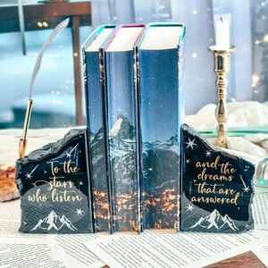 To the stars who listen - sarah j maas quote - fantasy bookends -PRE ORDER - Obsidian Bookends - Book Quote  - gold and silver library