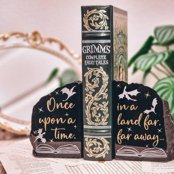 Once upon a time - Fairytale decor - fantasy bookends -PRE ORDER - Obsidian Bookends - Book Quote Bookends  - gold and silver library