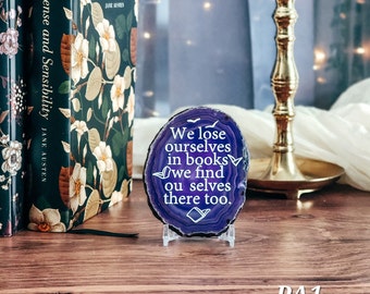 We lose ourselves in books - Purple bookshelf decor - Book quote decor