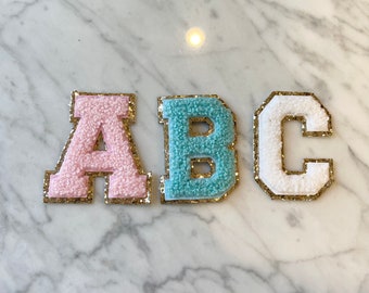 Chenille Letter Patches | Self Adhesive Stick On | 2.25" | Blue, Pink, White