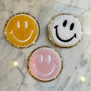 Chenille Smiley Face Patches | Self Adhesive Stick On | Pink, White, Yellow