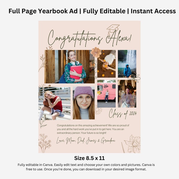 Full Page Yearbook Ad Template Flowers Design for Graduates, Kids, Elementary, Middle School, High School. Fully Editable in Canva.