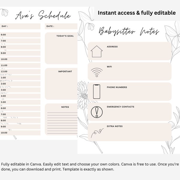 Babysitter Notes & Baby Schedule Template. Fully Editable in Canva.