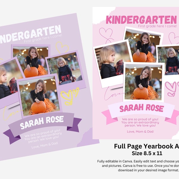 Full Page Yearbook Ad Template Hearts Design for Kids, Kindergarten, Elementary, Middle School. Fully Editable in Canva.