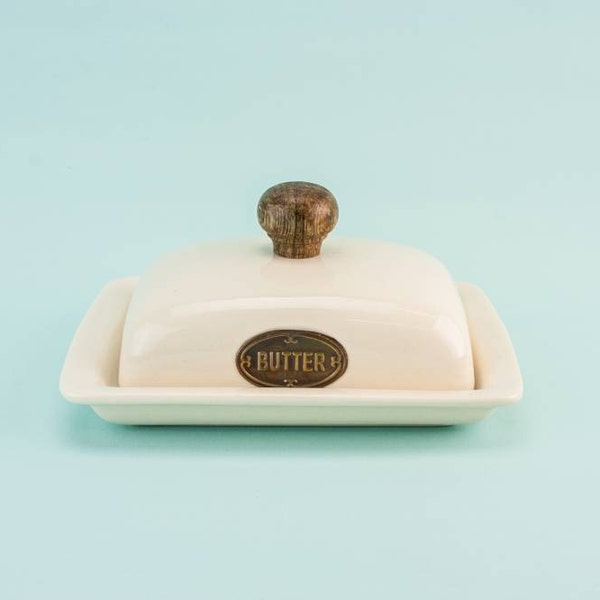 Elegant Modernist Gift BUTTER DISH Pottery Vintage Dinner Large Cream Table Unique English Late 20th Century LS