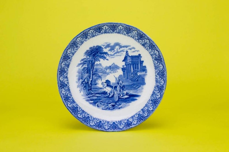 Antique 8/'/' Circa 1900 BOWL Blue Serving Medium Landscape Cauldon And White Cereal English Porcelain