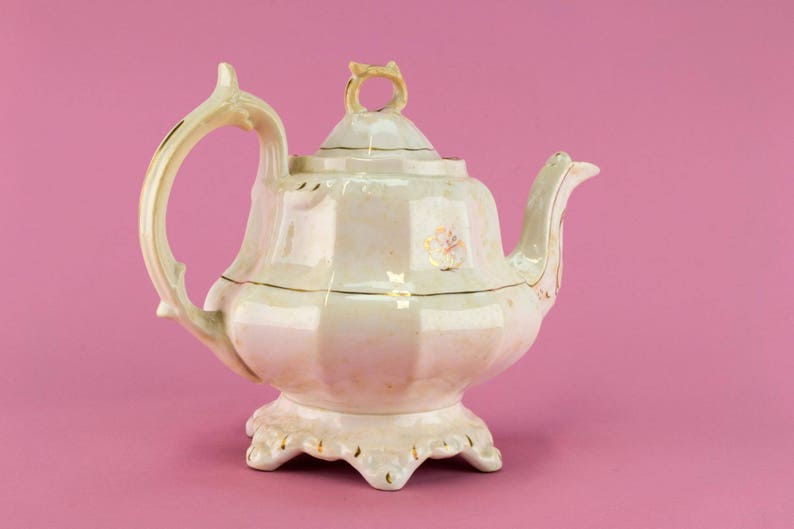 Pottery Pear Shaped Teapot Panelled Antique English William IV 1830s Large Georgian Gilded