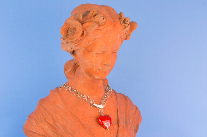 Sterling Silver Necklace Red Enamel Heart Chain Long Cristina Maria Italian Pendant