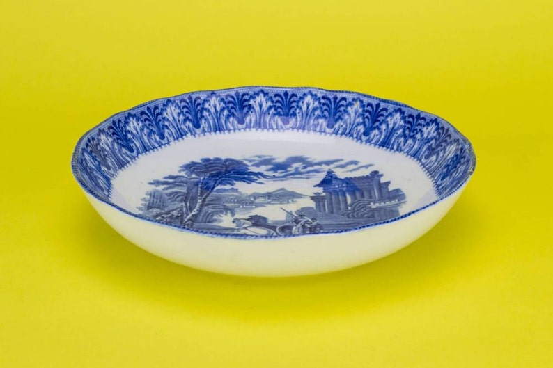 Antique 8/'/' Circa 1900 BOWL Blue Serving Medium Landscape Cauldon And White Cereal English Porcelain
