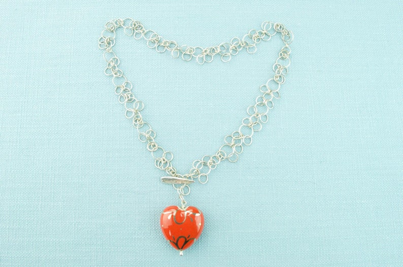 Sterling Silver Necklace Red Enamel Heart Chain Long Cristina Maria Italian Pendant