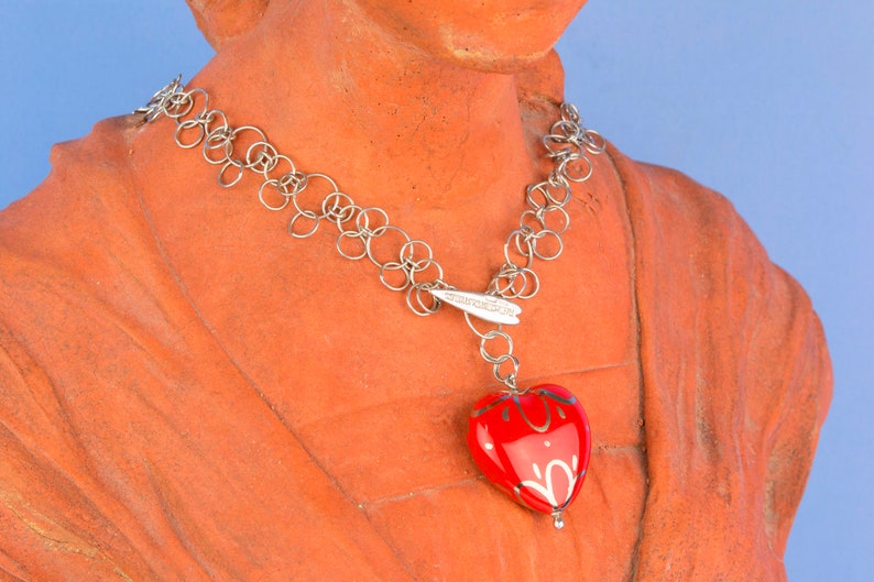 Sterling Silver Necklace Red Enamel Heart Chain Long Cristina Maria Italian Pendant