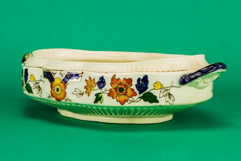 Cereal Impressive Pottery Floral BOWL Blue Antique Victorian 19th Century Dish Oval English Serving