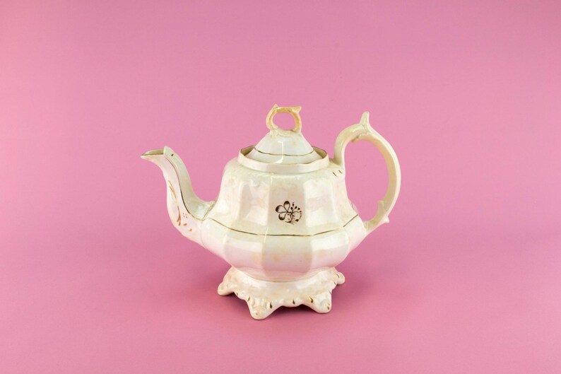 Pottery Pear Shaped Teapot Panelled Antique English William IV 1830s Large Georgian Gilded