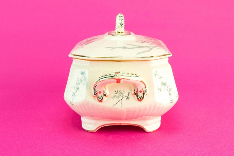 Small Green and White Gilded Ceramic Serving Bowl Tureen Aesthetic Movement Burgess /& Leigh Antique English 1880s Gift