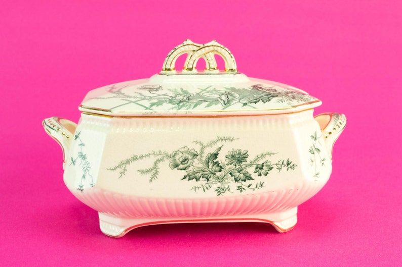 Small Green and White Gilded Ceramic Serving Bowl Tureen Aesthetic Movement Burgess /& Leigh Antique English 1880s Gift
