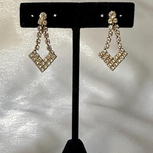 Vintage Drop Earrings, Gold Clip On Earrings, 1950&#39;s Rhinestone Earrings