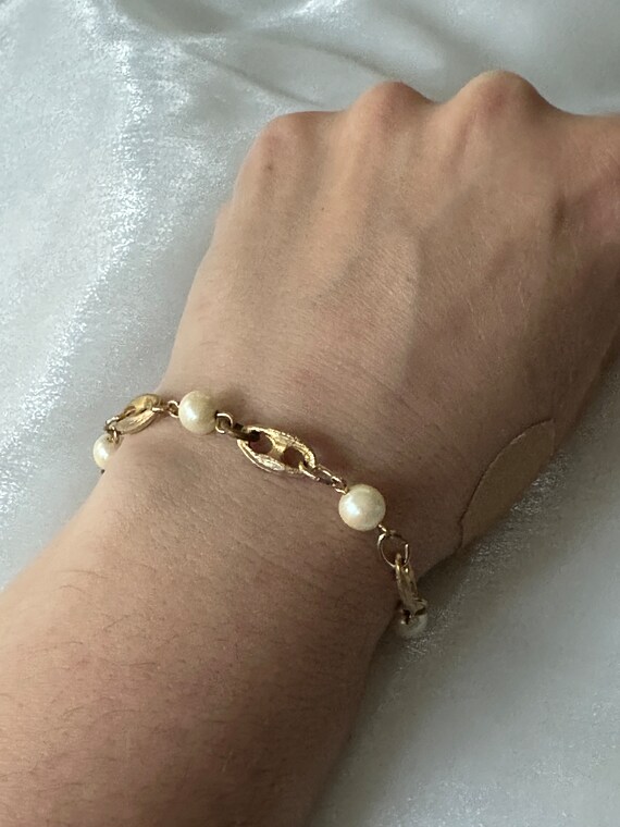 Vintage Gold and Faux Pearl Bracelet, 1970's Jewe… - image 2