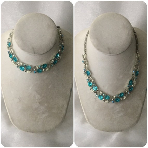 Blue Rhinestone Necklace, Choker Necklace, Silver 