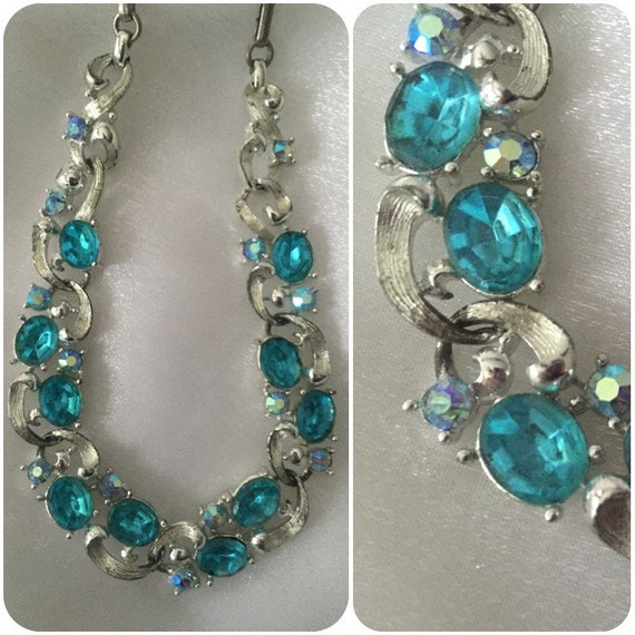 Blue Rhinestone Necklace, Choker Necklace, Silver… - image 4
