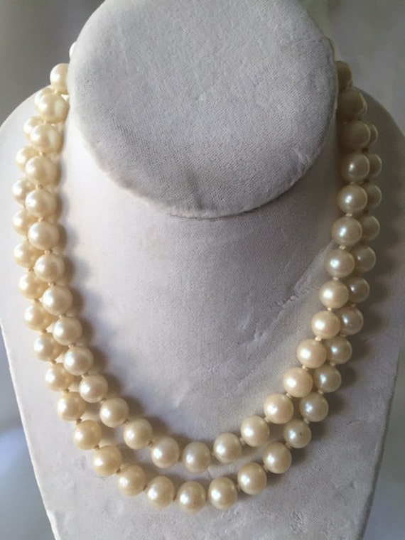Glass Pearl Necklace, 1950's Double Strand Necklac