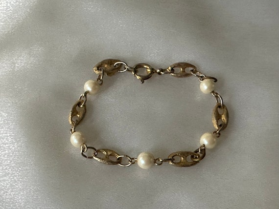Vintage Gold and Faux Pearl Bracelet, 1970's Jewe… - image 3