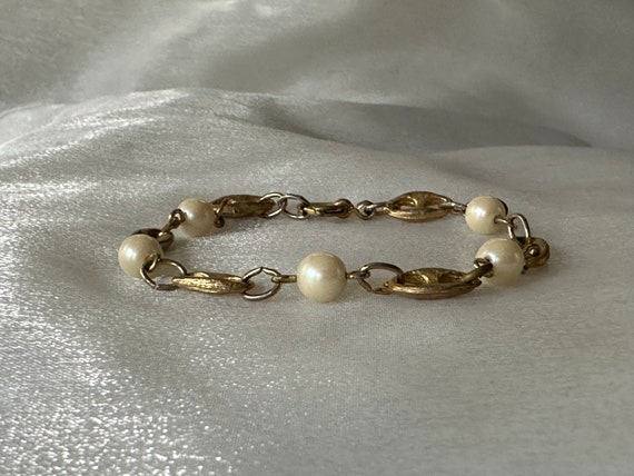 Vintage Gold and Faux Pearl Bracelet, 1970's Jewe… - image 1