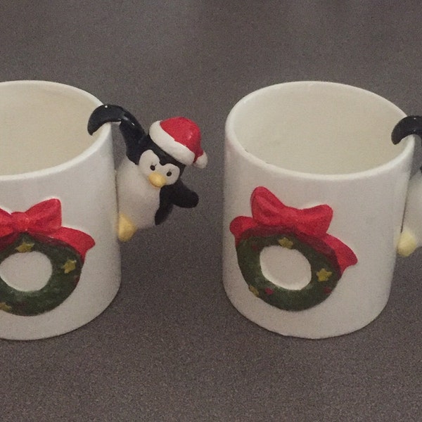 Ceramic Christmas Penguin Mugs Coffee Cups Set of 2 Vintage 1980's