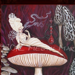 May include: An artistic painting depicts a woman in a white gown and elaborate wig reclining on a large red mushroom. She smokes from a pipe, with a hookah nearby. The background is a deep red with stylized mushrooms.