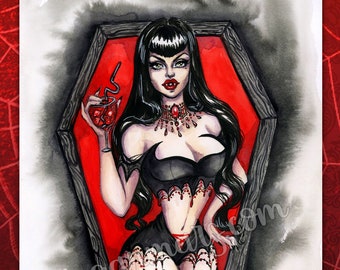 Glampire - Tirage d’art 8x10 par Megan Mars - pin-up art - vampire - horror pin-up - glam vampire pinup - maîtresse de la nuit - vampira