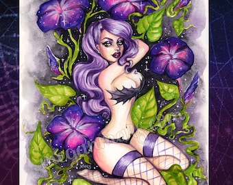 Garden of Magic - Tirage d’art 8x10 par Megan Mars - pin-up art - sorcière de lune sorcière - sorcière moderne - jardin de minuit - witchcore